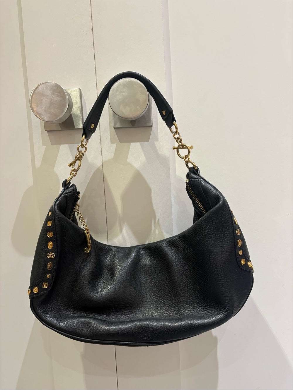 Vintage Juicy Couture Black Genuine Leather Gold Studded Hobo Bag Y2K